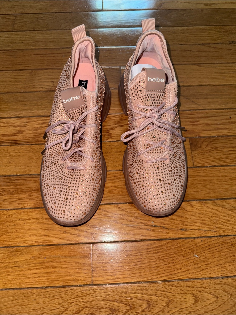 bebe Pink Rhinestone Knit Lace-Up Sneakers